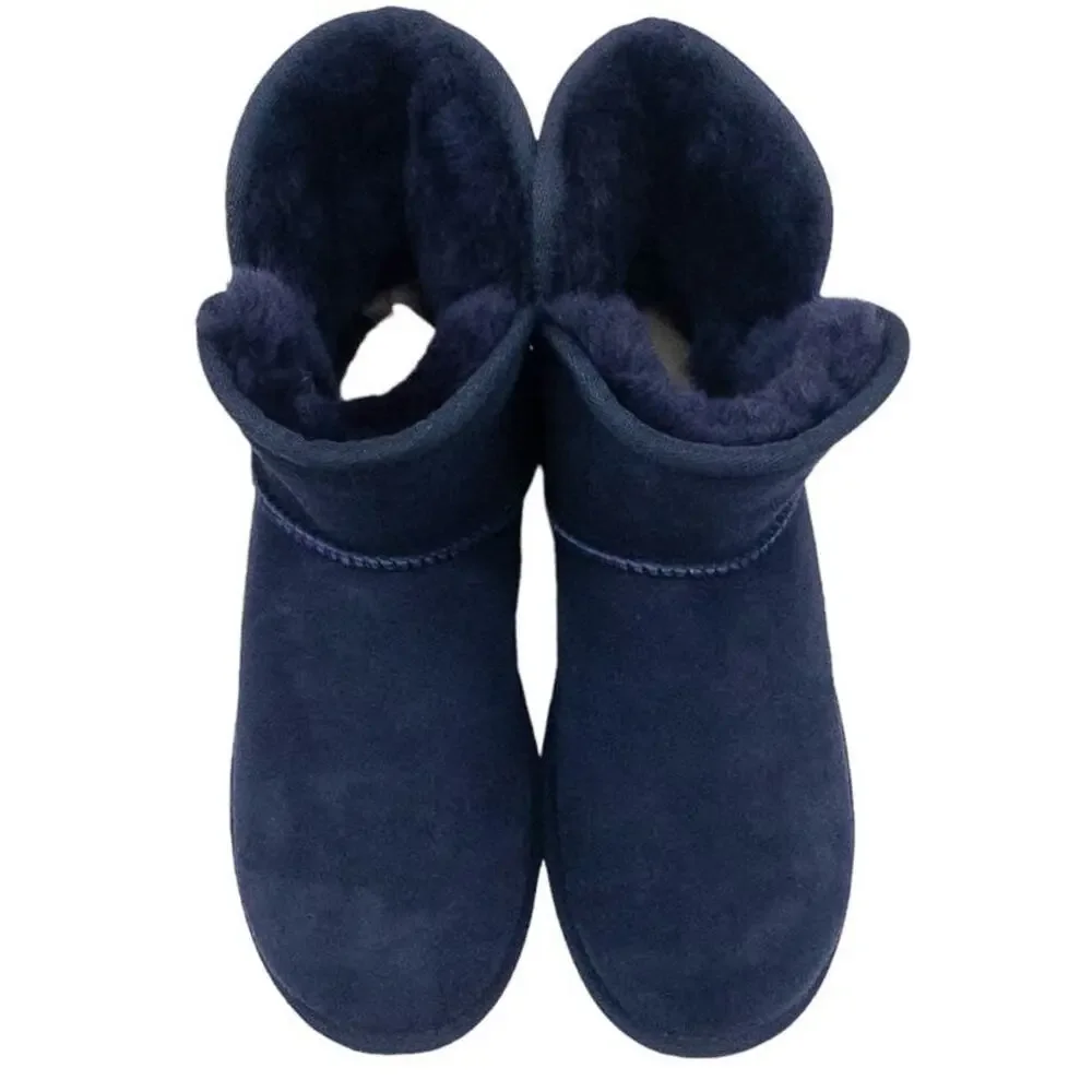 Sheepskin Leather Shearling Lined Short Winter Boots Navy Blue Women's Size 6